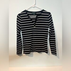 Ralph Lauren Women’s Black White Striped Gold Tone Logo Accent V Neck Top, Sz S